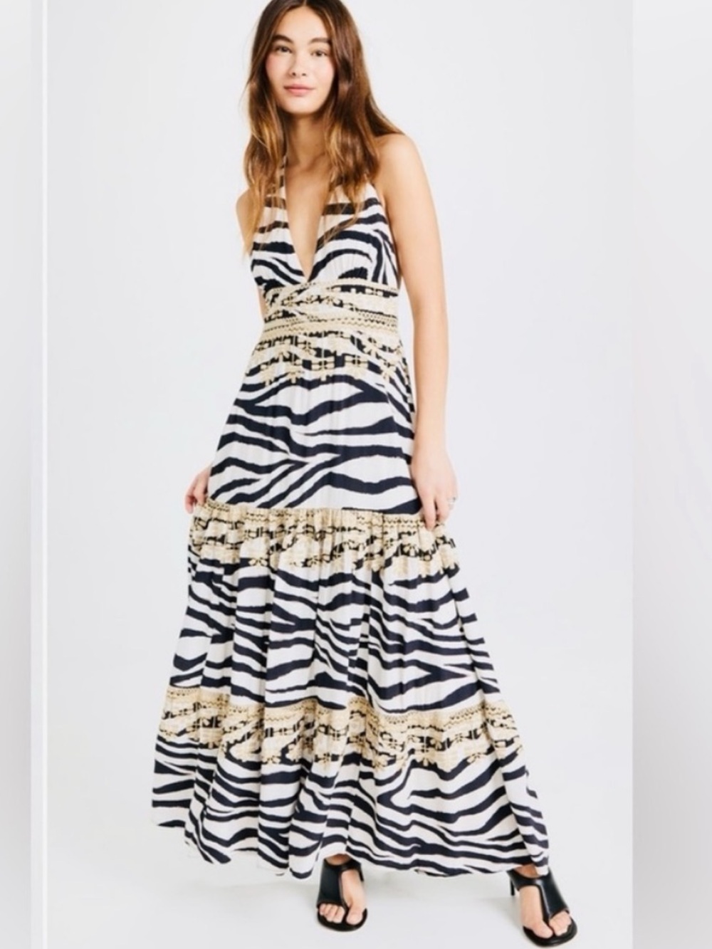 FIGUE Vivienne Animal Zebra Print Halter Maxi Dress NWT $795